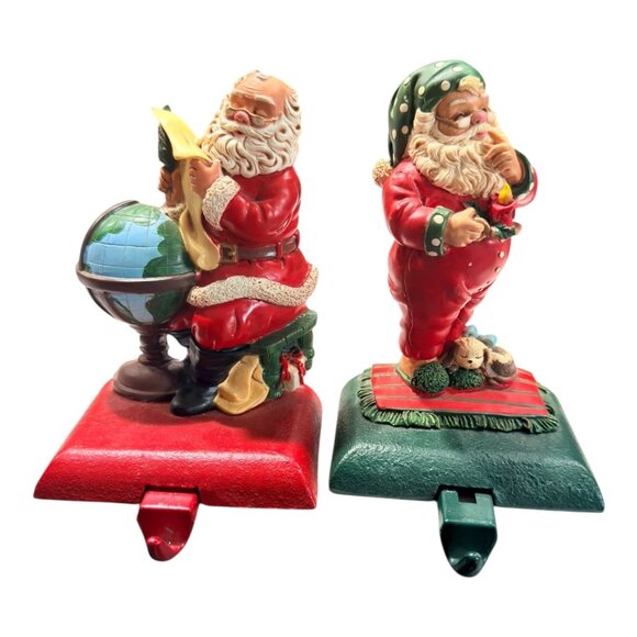VNTG Cast Iron Santa Claus Stocking Holders With Globe & Gift Bag Made In Taiwan - Picture 2 of 12